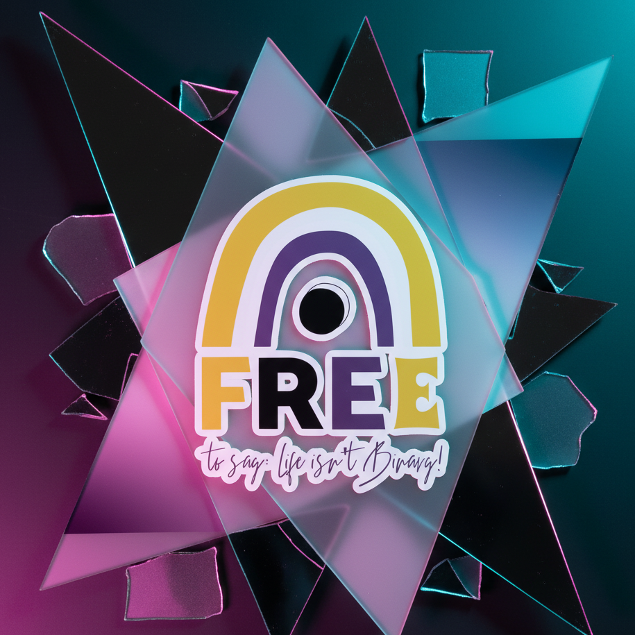 Bubble-free sticker with pastel rainbow, bold "FREE," and cursive "life isnt binary!" on layered purple, blue