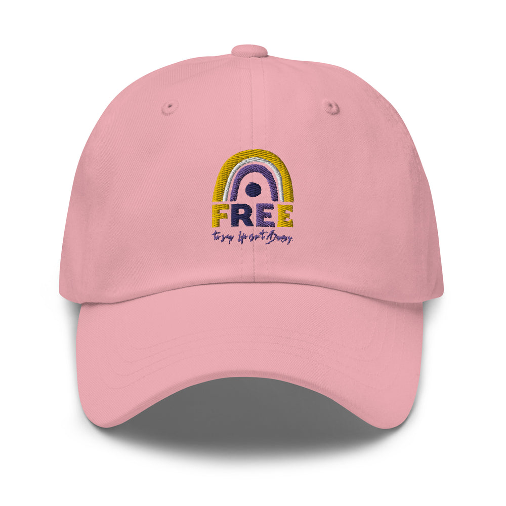 Pink embroidered baseball cap; nonbinary Pride cap with “Free To Say: Life Isn't Binary!” design; product view; front view
