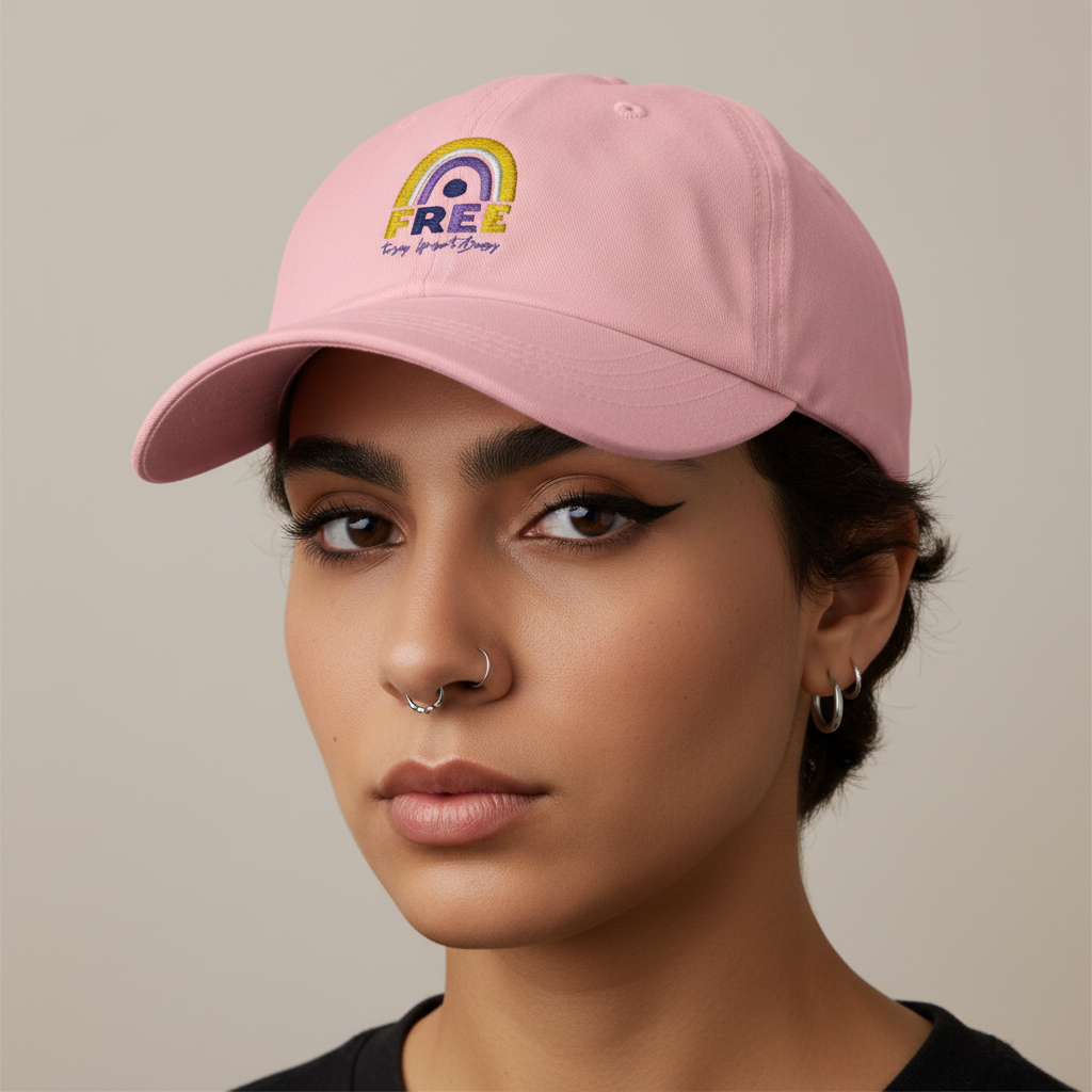 Light pink "Free To Say: Life Isn't Binary!" cap with a rainbow design, worn by a person serving queer confidence.