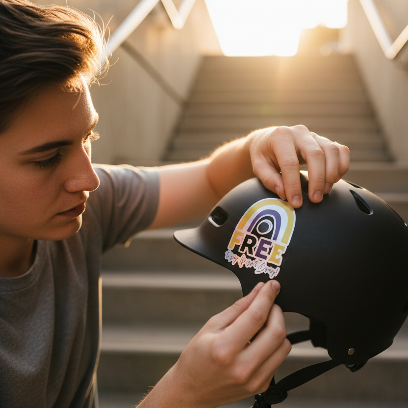Holographic "Free To Say: Life Isn't Binary!" sticker shines as a person slaps it on a matte black helmet in golden sunlight