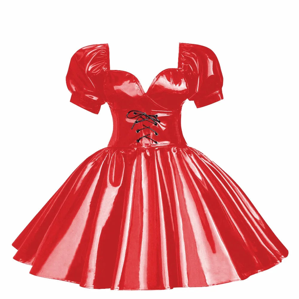 Front-view glossy red latex-style dress with puff sleeves, sweetheart neckline, and flared skirt