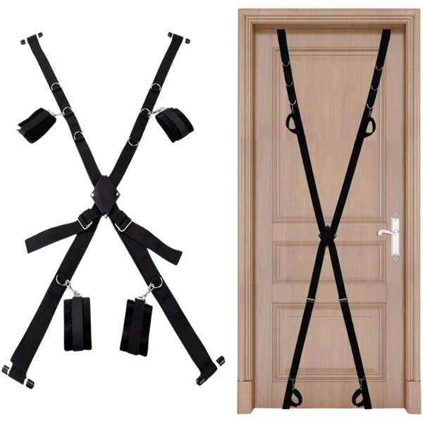 Black over-door sex sling shown separately and secured in an X shape on a wooden door