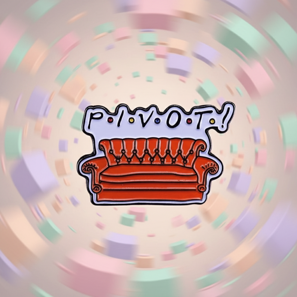 PIVOT enamel pin featuring a red vintage sofa and pastel lettering