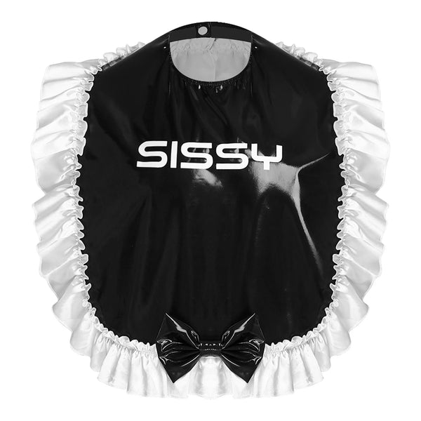 Front view of a black bib with white ruffles, bow tie, and “SISSY” lettering