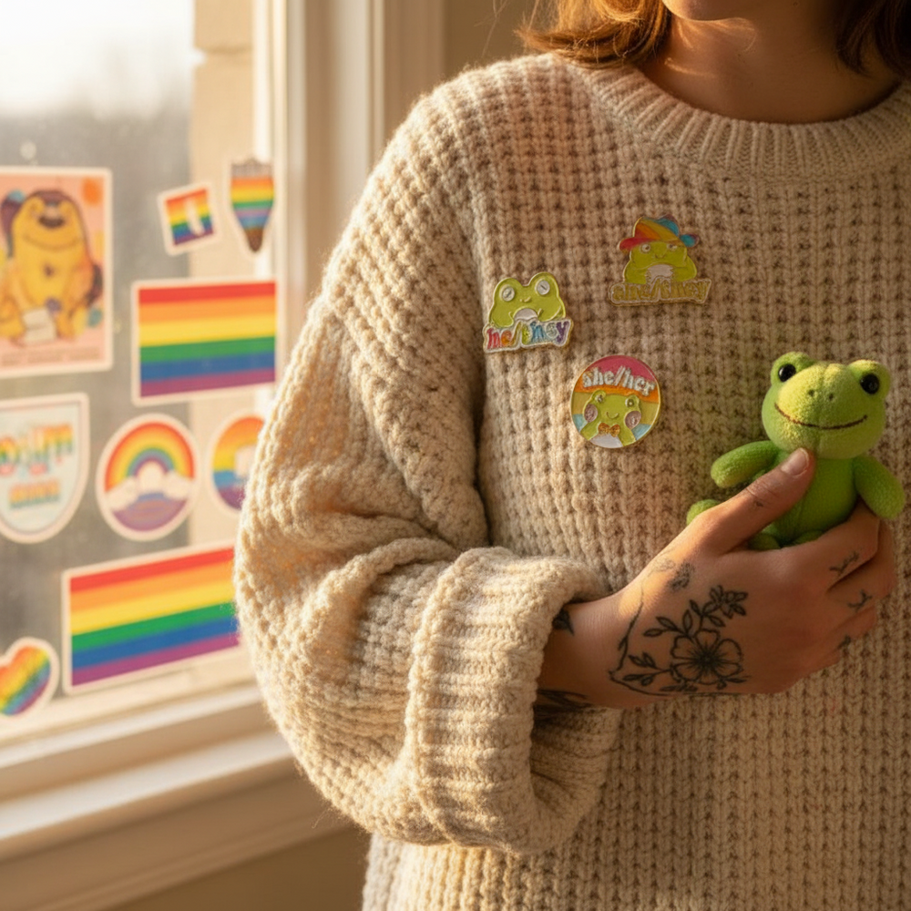 Frog pronoun enamel pins reading “he/him,” “she/her,” and “it/its” on a sweater