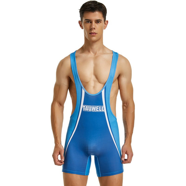 Front-facing model wearing a blue athletic bodysuit with white trim and “TAUWELL” text