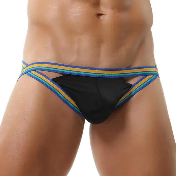 Front view of a black jockstrap with blue, green, and yellow striped waistband and straps