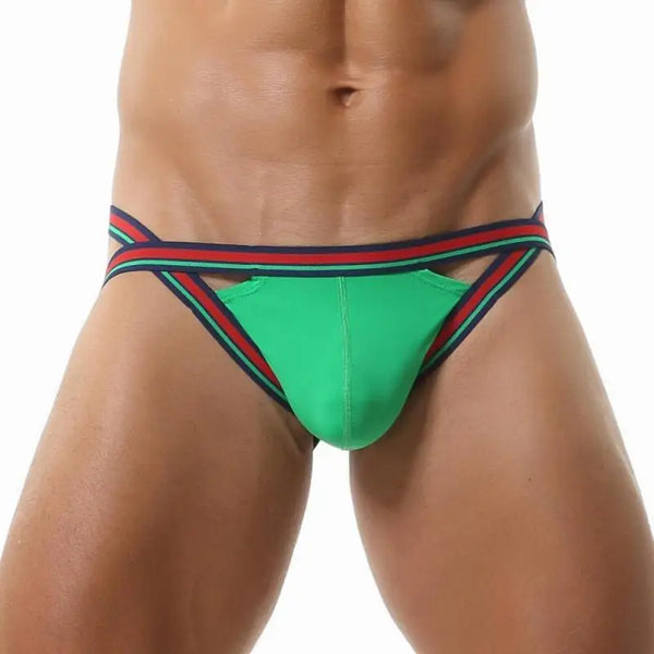 Front view of a green jockstrap with red and navy striped waistband and leg straps
