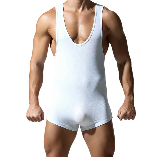 Front view of a muscular model wearing a white scoop-neck compression bodysuit
