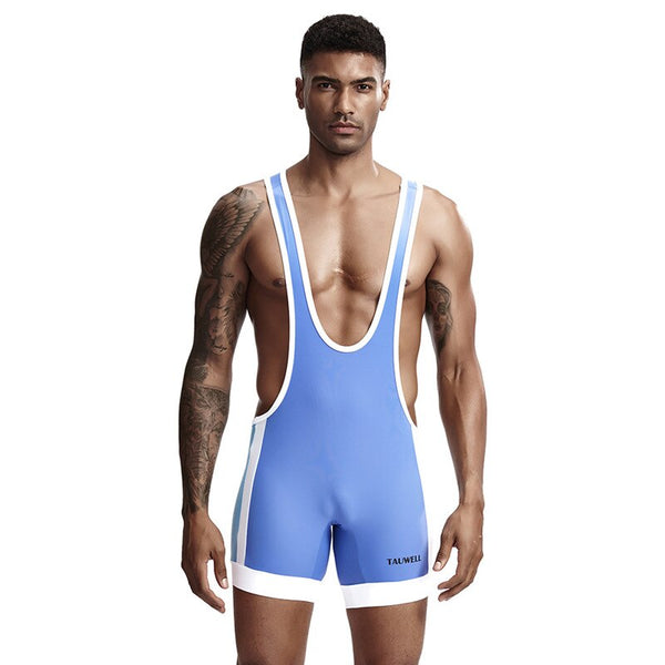 Front view of a muscular person modeling a light blue wrestling singlet with white trim