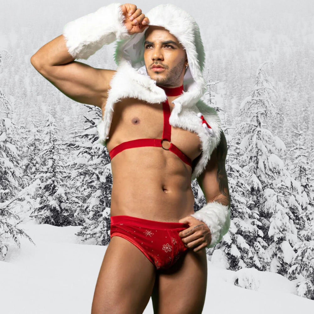 Model wearing a white fur-trimmed hood and harness with red snowflake briefs in a snowy forest scene