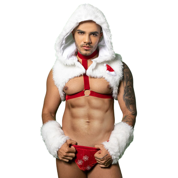 Front-facing model wearing a red-and-white furry Santa-style harness and brief costume