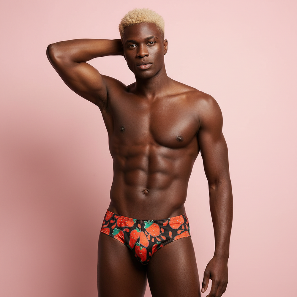 A platinum blond, muscular person stands confidently in red and orange floral Fruity Strawberry Briefs