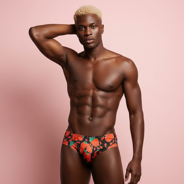 A platinum blond, muscular person stands confidently in red and orange floral Fruity Strawberry Briefs