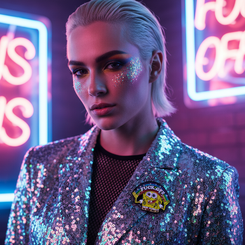 Model wearing a rainbow SpongeBob enamel pin with “FUCK OFF” text on a sequin jacket