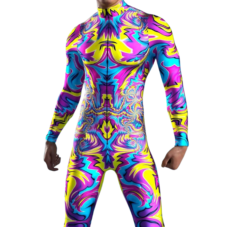 Front view of a person wearing a bright multicolor full-body zentai suit