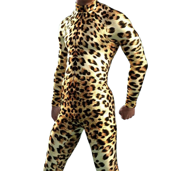 Front view of a person in a full-body leopard-print Zentai suit