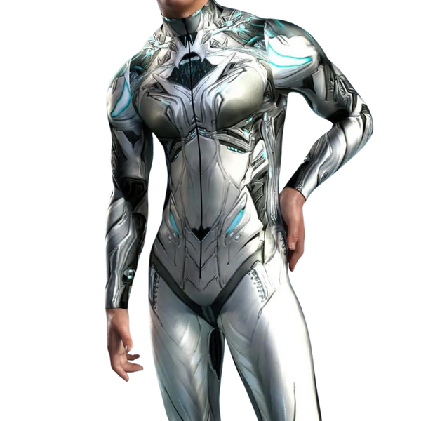 Front view of a person wearing a metallic silver, black, and turquoise full-body zentai suit