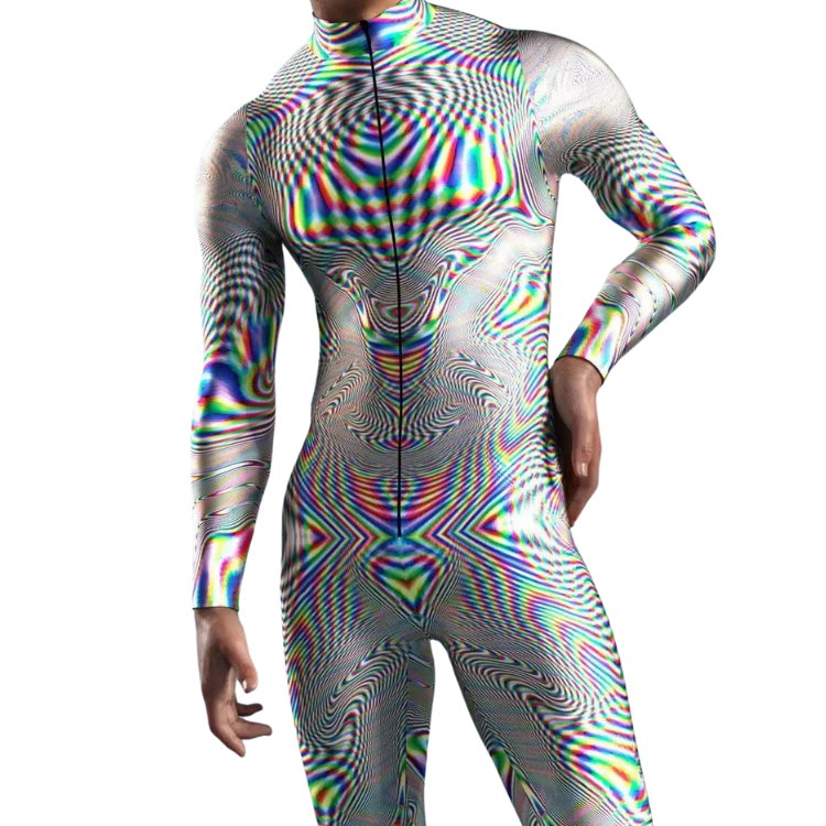 Cropped model wearing a long-sleeve, high-neck full-body suit with a vivid multicolor optical pattern