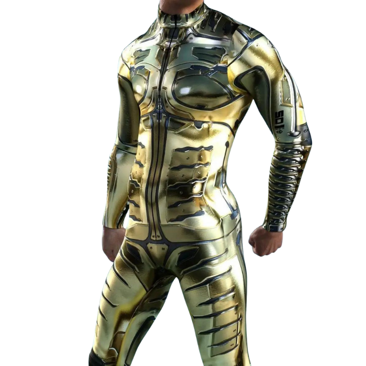 Front-facing model wearing a metallic gold full-body sci-fi zentai suit