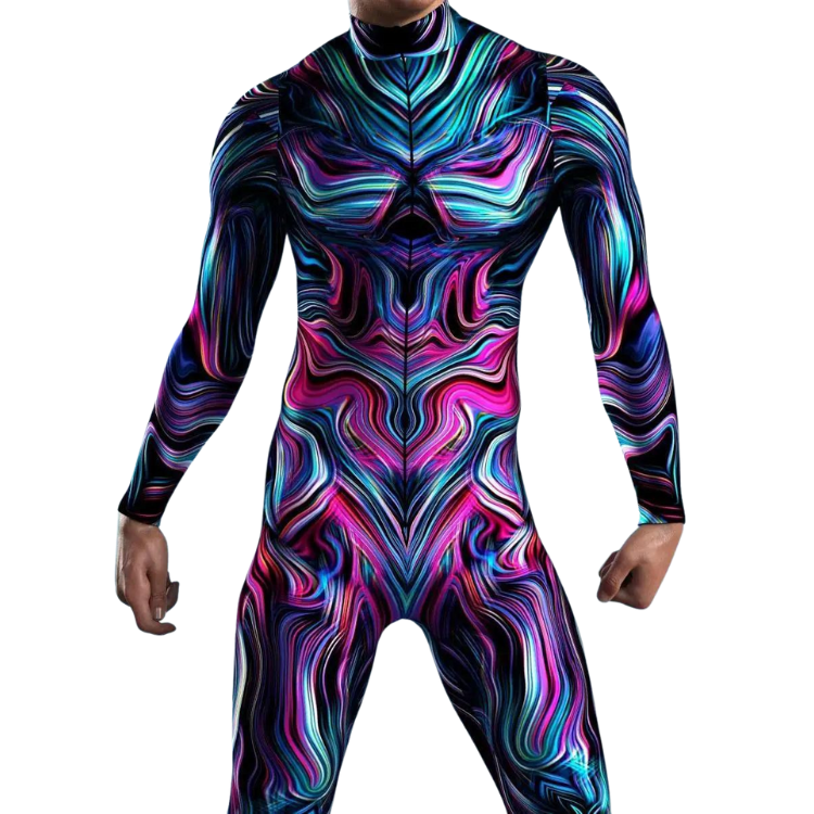 Front view of a model wearing a long-sleeved, full-body neon swirl zentai suit