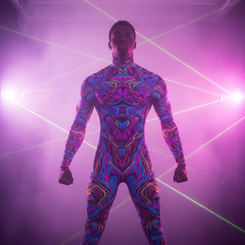Front-facing model wearing a full-body psychedelic multicolor zentai suit under pink laser lights