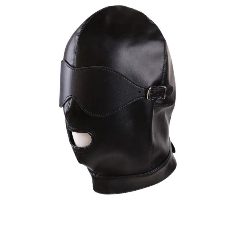 Black full-head bondage mask shown at a three-quarter angle with eye and mouth openings