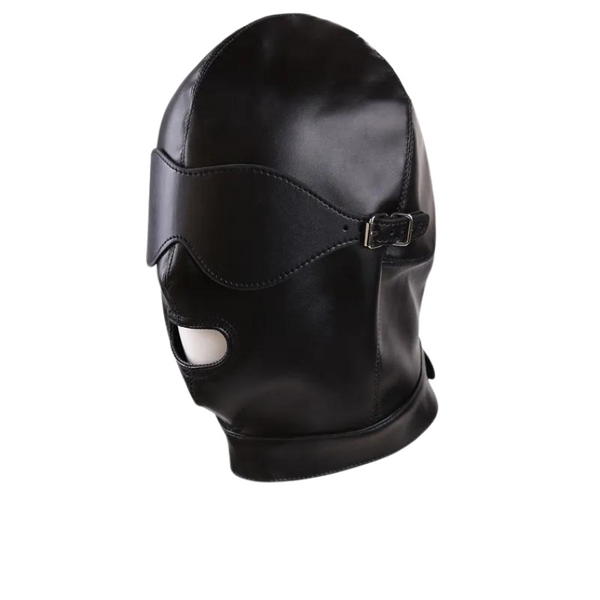 Black full-head bondage mask shown at a three-quarter angle with eye and mouth openings