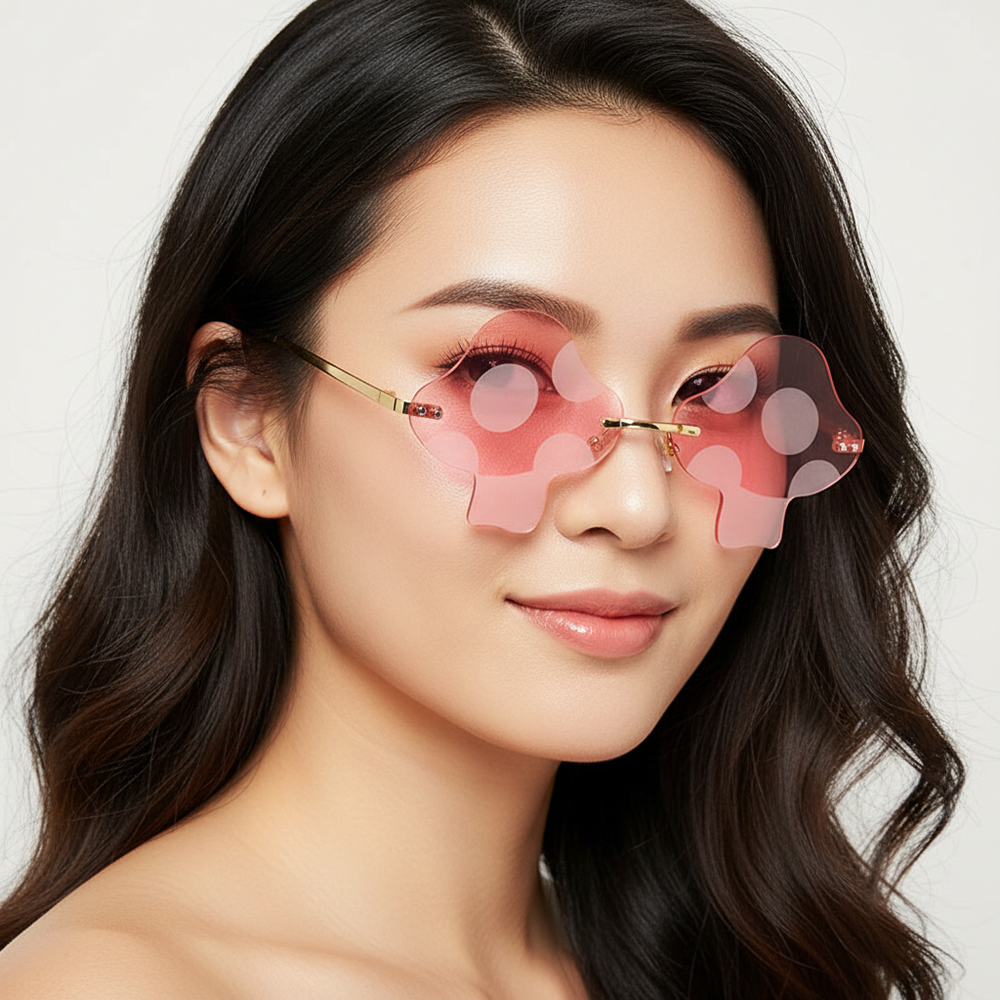 A queer woman with long, dark hair wears pink Fun Guy Mushroom Rimless Sunglasses with white polka dots, smiling softly.