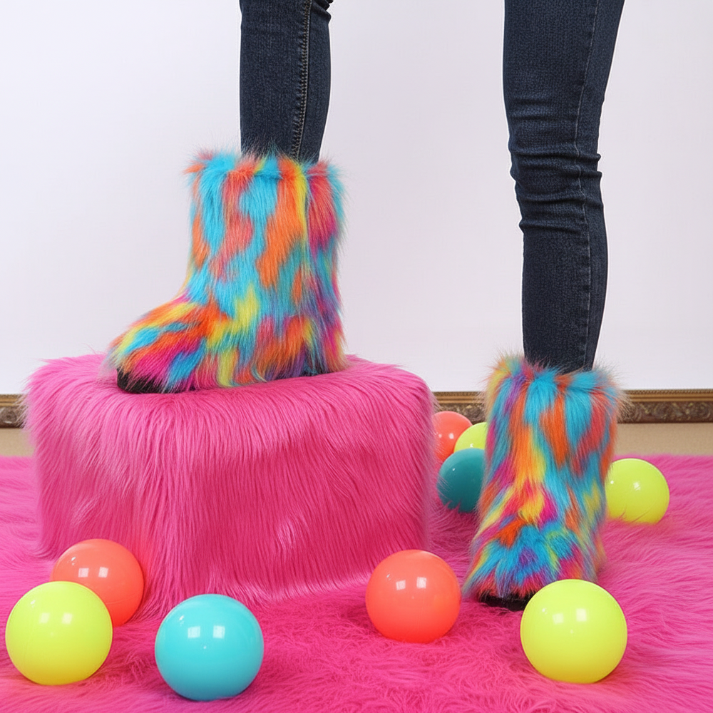 Funk Monster Faux Fur Boots on a person in jeans, standing on a hot pink furry stool and rug