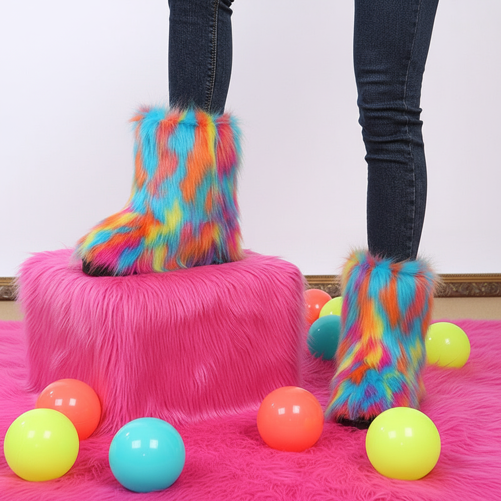 Funk Monster Faux Fur Boots on a person in jeans, standing on a hot pink furry stool and rug