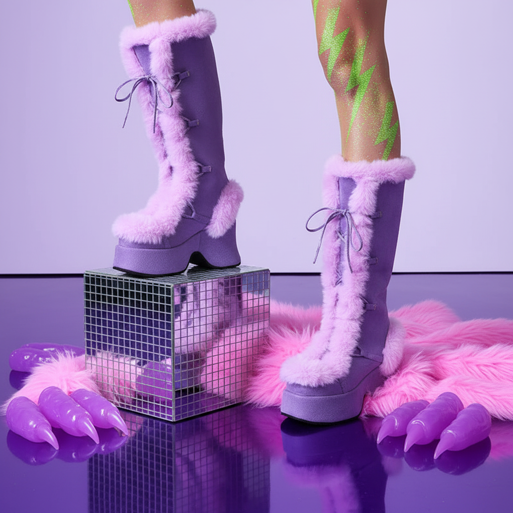 Purple platform boots with pink faux-fur trim and lace-up fronts, worn beside a mirrored cube