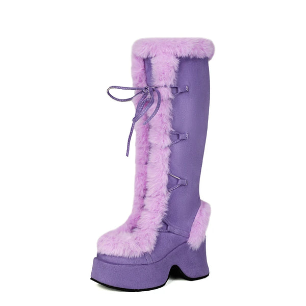 Single purple platform boot with pink faux-fur trim, laces, and a tall shaft