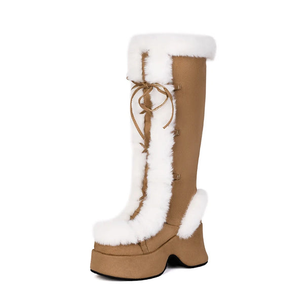 Single tan platform boot with white faux-fur trim and front lacing, shown at an angle