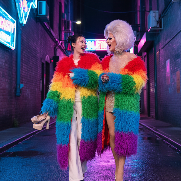 Two people walk arm in arm wearing long rainbow faux-fur colorblock jackets in a neon-lit alley