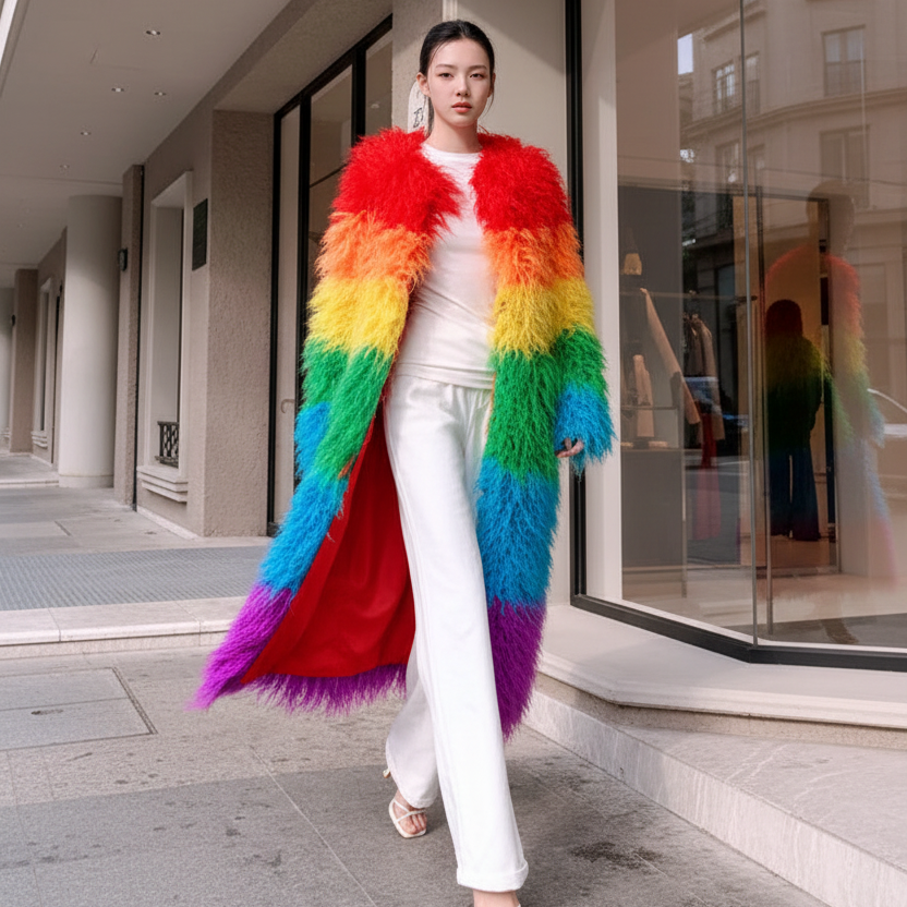 Model wearing a long rainbow-striped faux-fur coat over white clothing on a city sidewalk