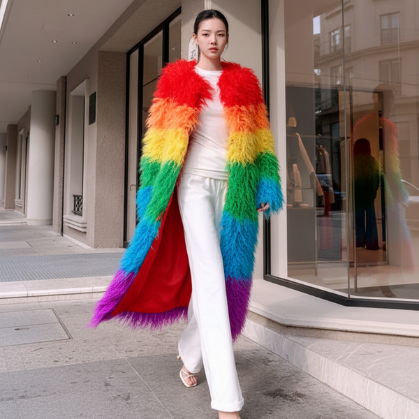 Young woman on city sidewalk in Fur-ocious Pride Colorblock Jacket, a long rainbow-striped faux-fur coat embodying bold queer energy, paired with a white T-shirt and trousers.
