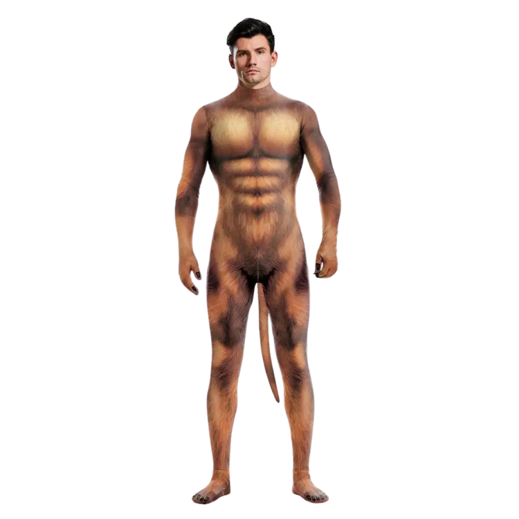 Front-facing model wearing a full-body brown furry animal-print suit with a long tail