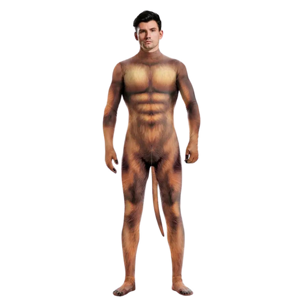 Front-facing model wearing a full-body brown furry animal-print suit with a long tail