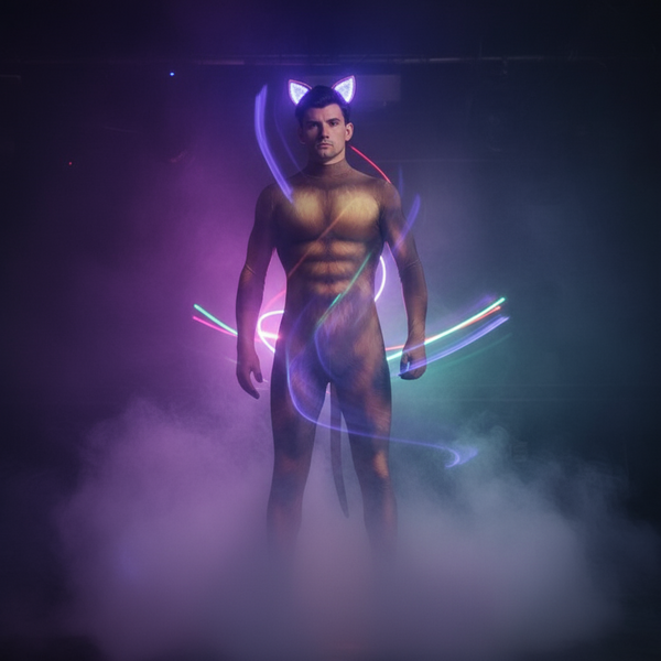 Front-facing person in a dark cat-ear bodysuit amid colorful neon light trails