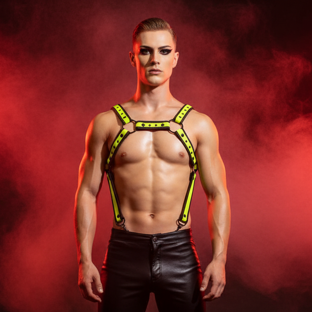 Front-facing model wearing a neon-yellow chest harness with black trim and metal buckles