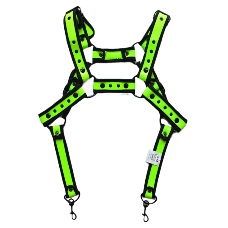 Neon green and black strap harness laid flat, with metal rings and clips