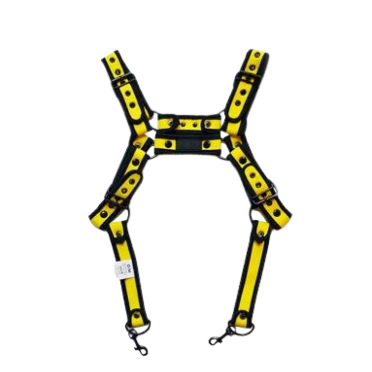 Yellow-and-black leather-style harness with shoulder straps, buckles, and metal clips