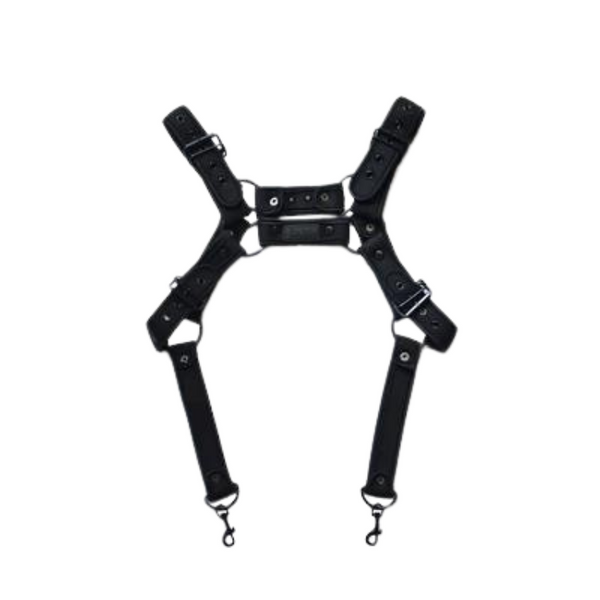 Black leather-style shoulder harness with adjustable straps, metal buckles, and two clip ends