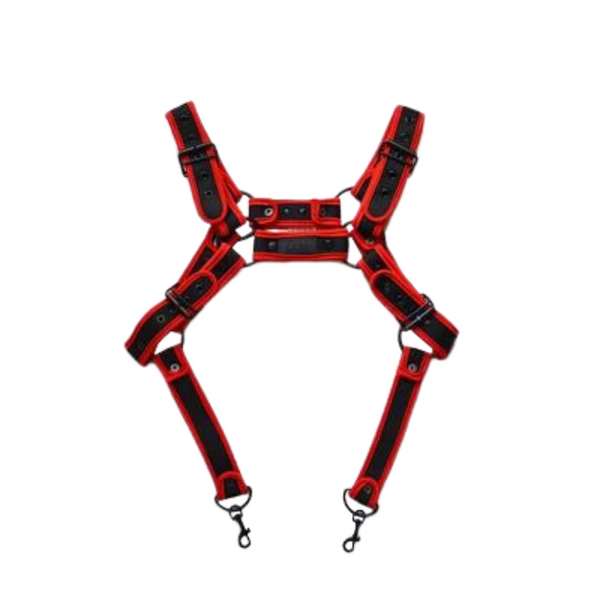 Flat-lay red-and-black shoulder strap harness with buckles and two metal clips