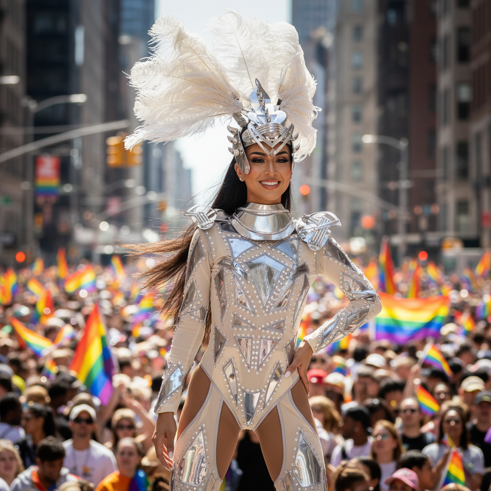 Model in a silver futuristic bodysuit and feathered headdress at a Pride parade