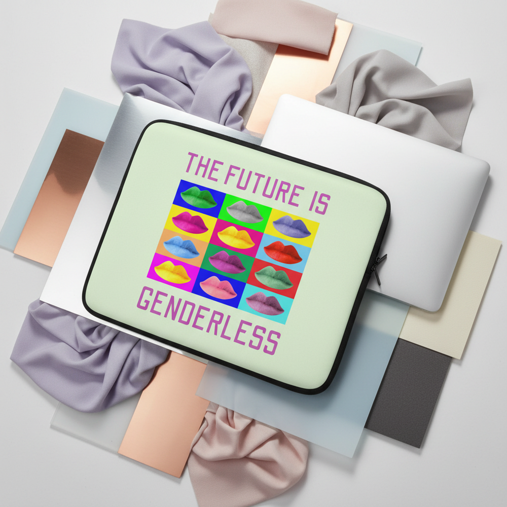 Laptop sleeve in mint green neoprene with black zipper, pop-art lips, pink "The Future Is Genderless" slogan