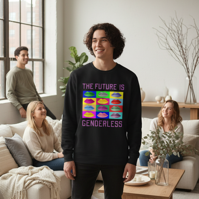 Smiling person modeling a black sweatshirt reading “THE FUTURE IS GENDERLESS” with a colorful grid
