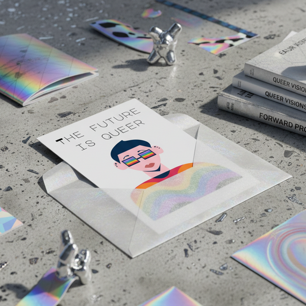 Postcard with “THE FUTURE IS QUEER,” rainbow glasses illustration, in shimmery envelope on terrazzo with queer-themed books.