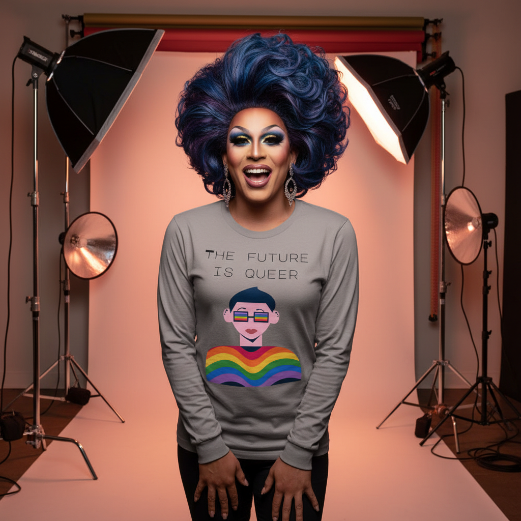 Drag performer models a gray long-sleeve shirt reading “THE FUTURE IS QUEER” with a rainbow graphic.